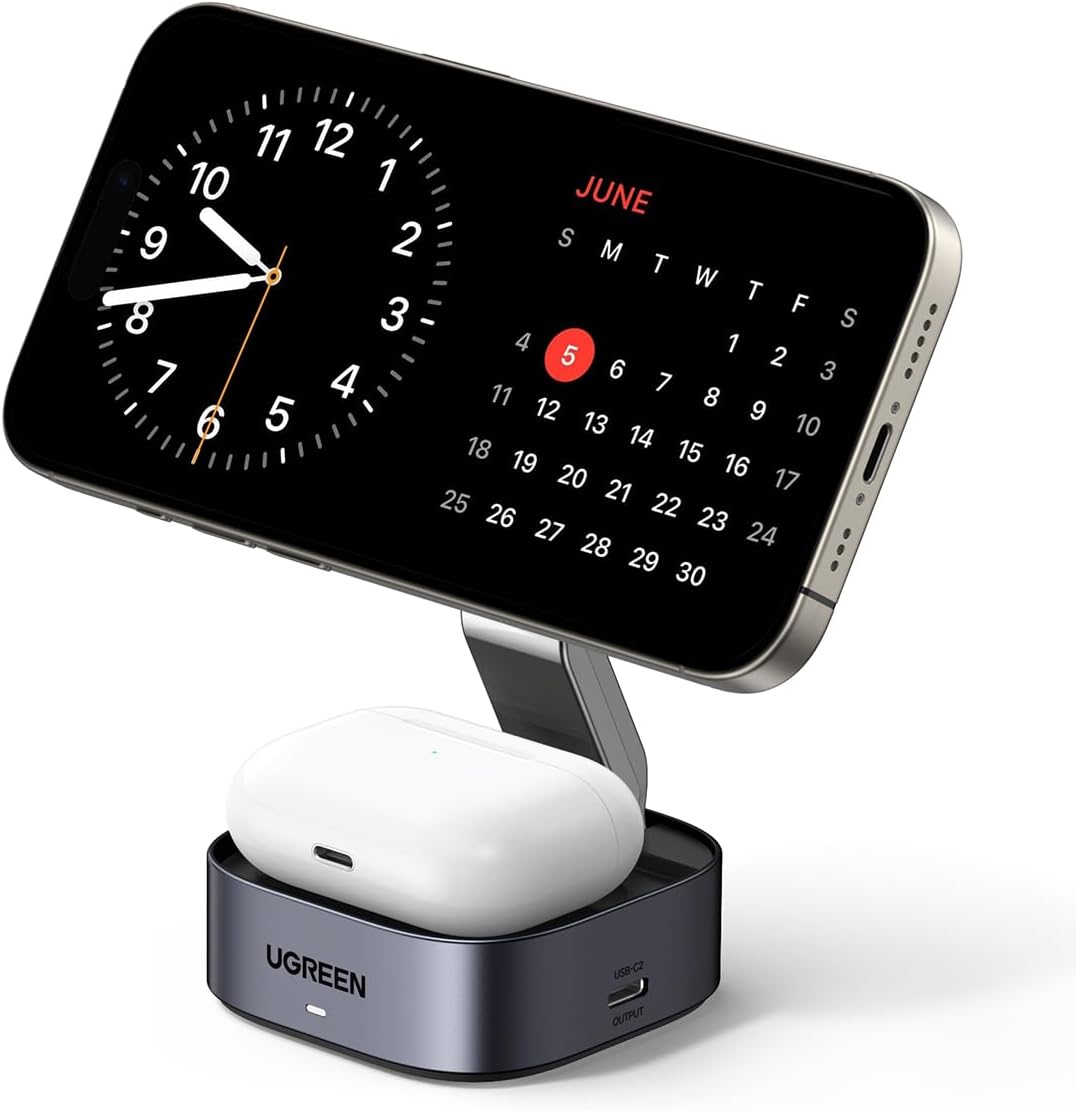 UGREEN MagFlow Qi2 15W Chargeur Induction iPhone 2 en 1 Certifié Compatible avec MagSafe iPhone 16 Plus Pro Max 15 14 13 12 Mini AirPods 4 3 2 Pro Chargeur sans Fil Magnétique Angle Réglable