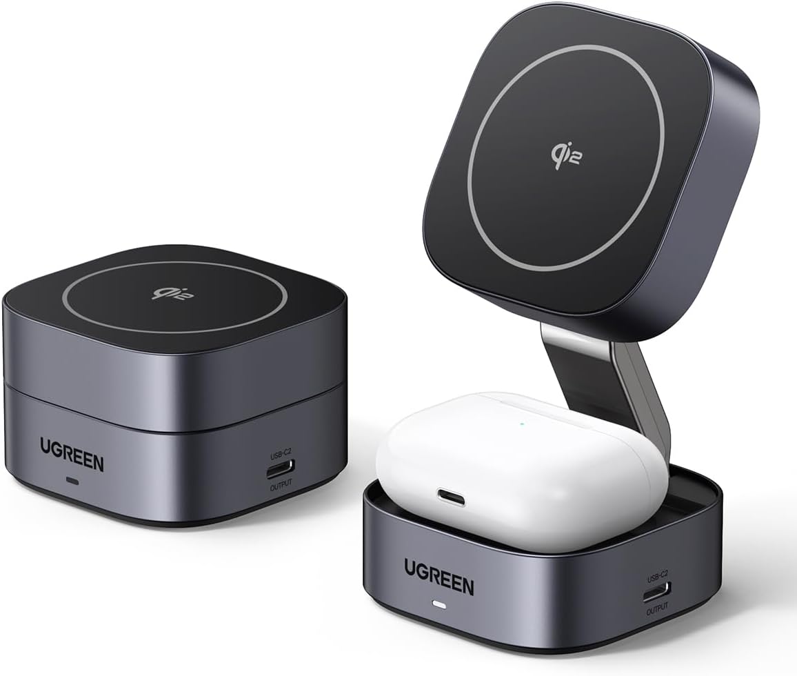 UGREEN MagFlow Qi2 15W Chargeur Induction iPhone 2 en 1 Certifié Compatible avec MagSafe iPhone 16 Plus Pro Max 15 14 13 12 Mini AirPods 4 3 2 Pro Chargeur sans Fil Magnétique Angle Réglable