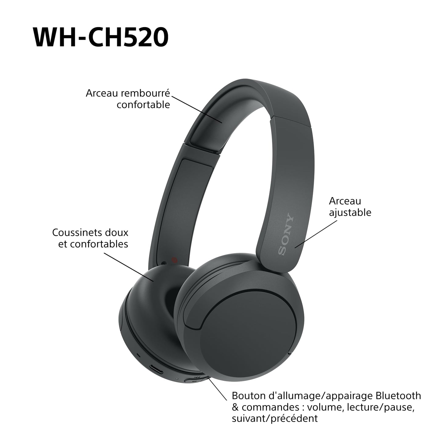Sony WH-CH520 – Casque Bluetooth Supra-Auriculaire avec Autonomie de 50h et Connexion Multipoint