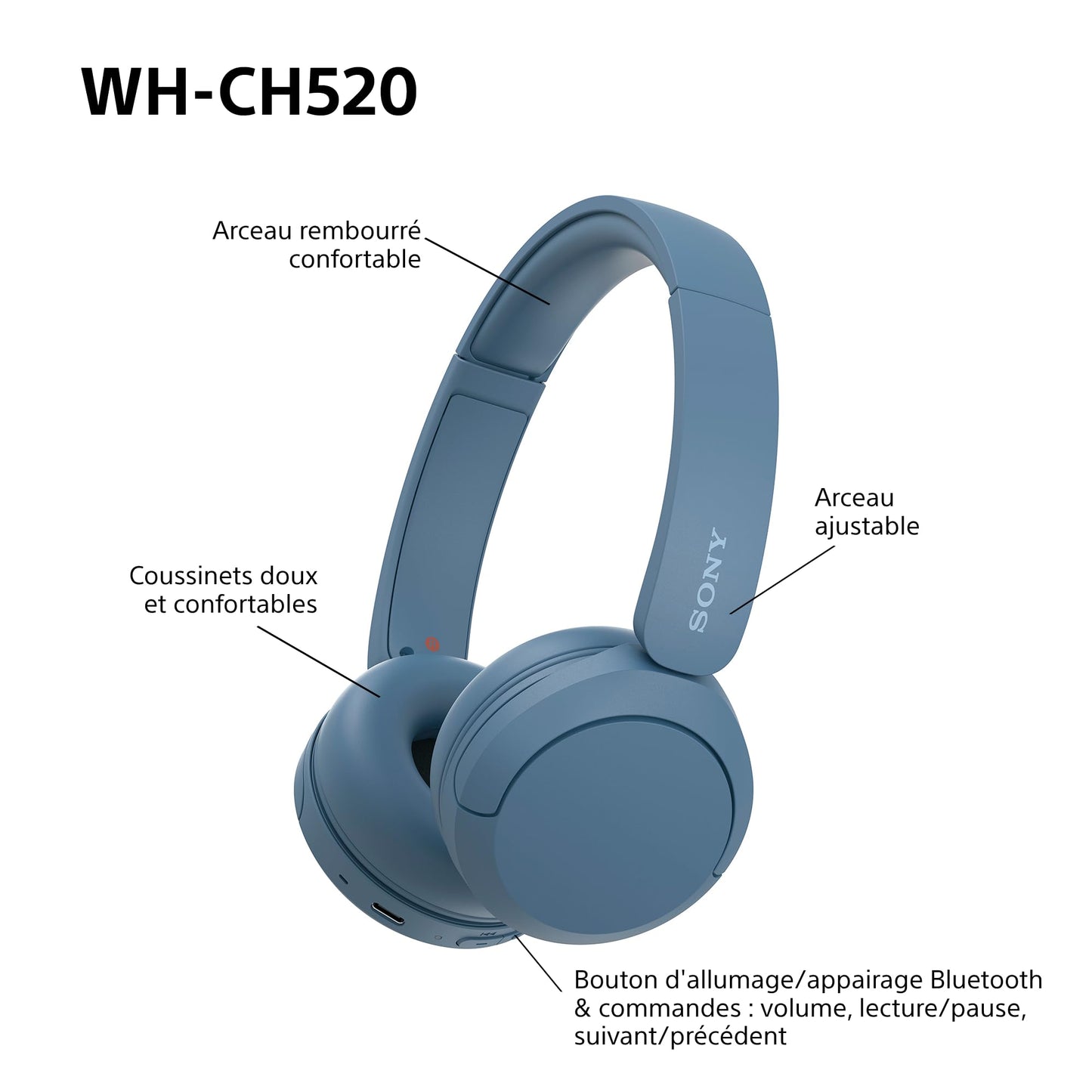 Sony WH-CH520 – Casque Bluetooth Supra-Auriculaire avec Autonomie de 50h et Connexion Multipoint