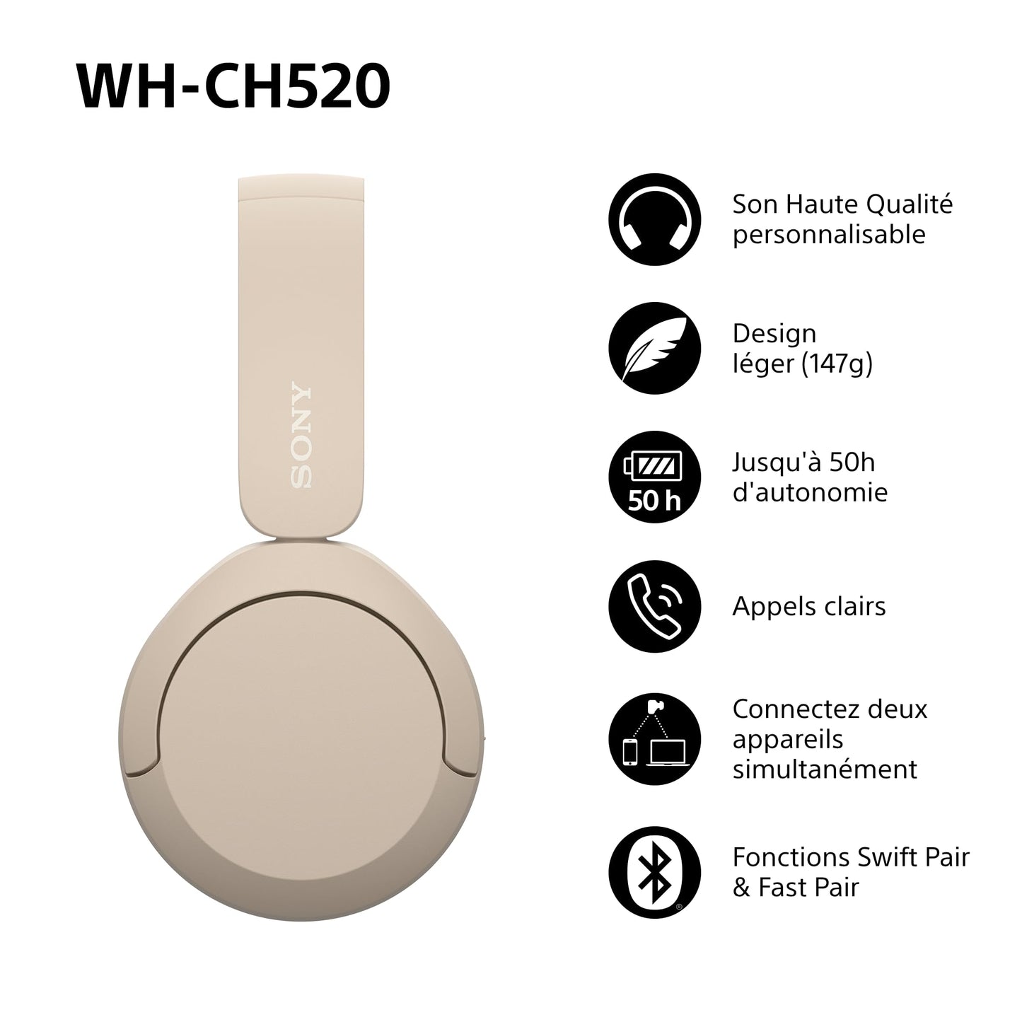 Sony WH-CH520 – Casque Bluetooth Supra-Auriculaire avec Autonomie de 50h et Connexion Multipoint