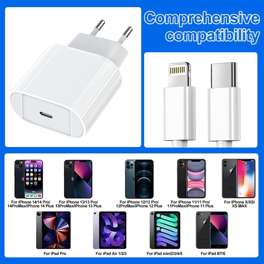 Chargeur Rapide iPhone – Certifié Apple MFi, 20W USB-C avec Câble Lightning 2m