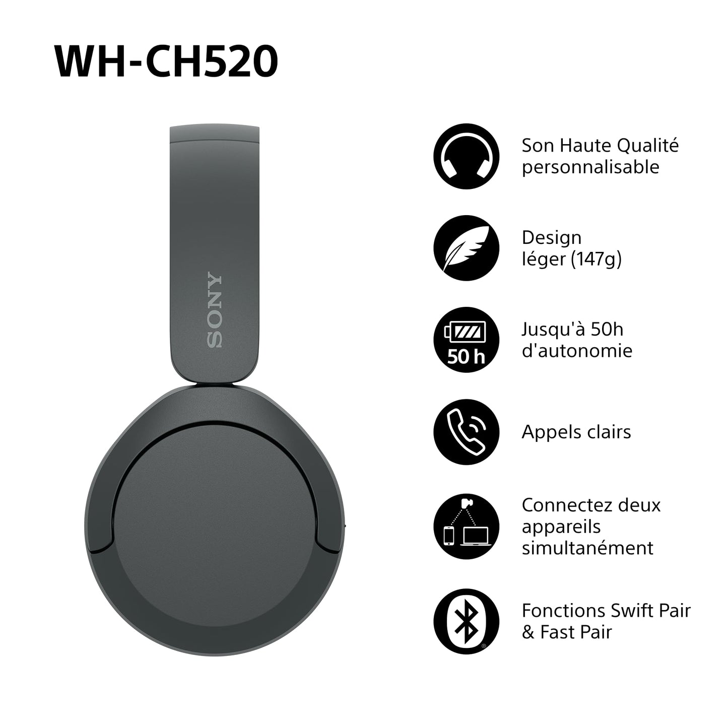 Sony WH-CH520 – Casque Bluetooth Supra-Auriculaire avec Autonomie de 50h et Connexion Multipoint