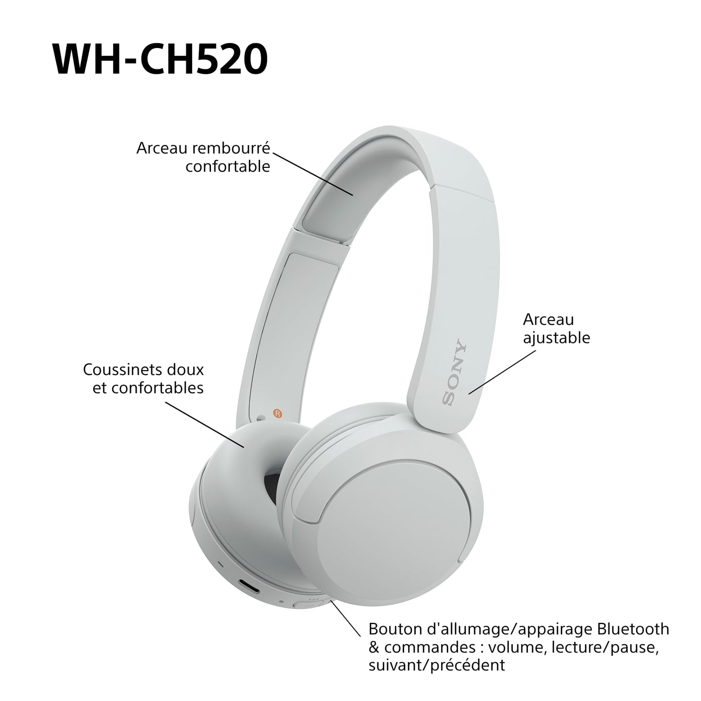 Sony WH-CH520 – Casque Bluetooth Supra-Auriculaire avec Autonomie de 50h et Connexion Multipoint