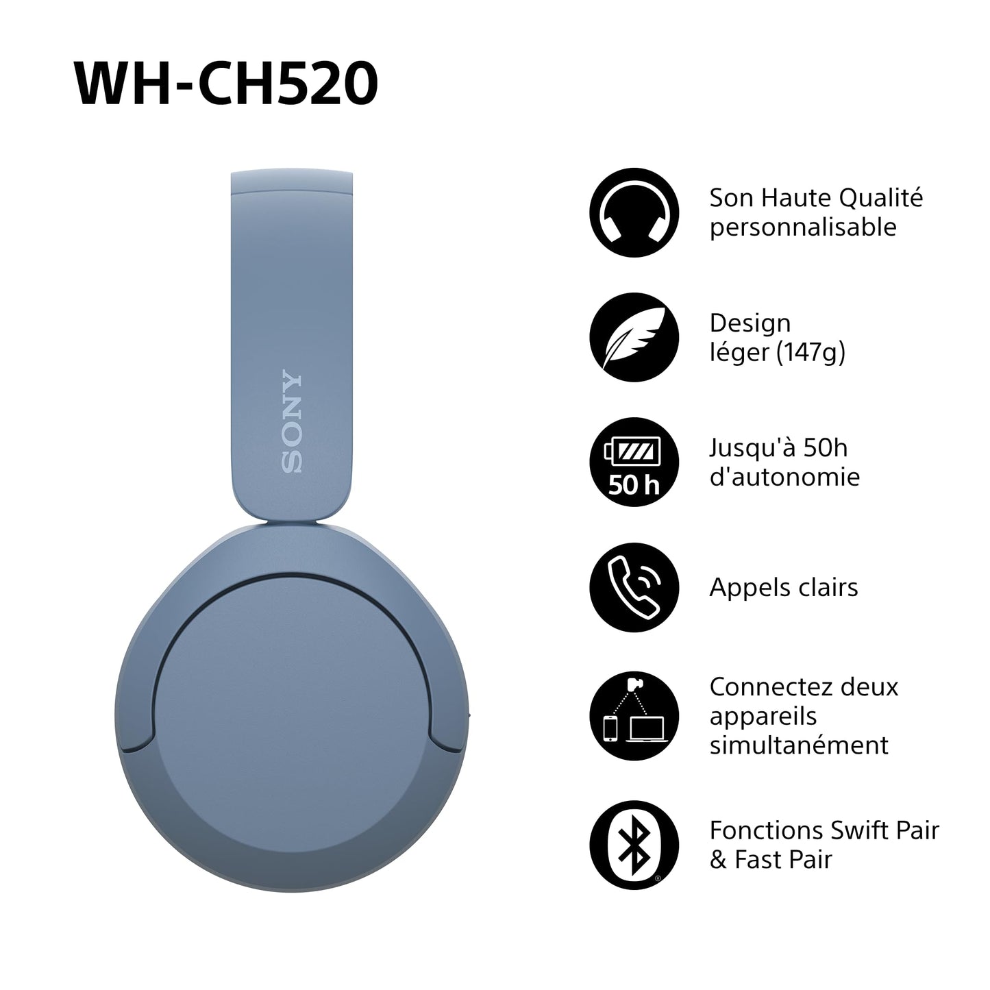 Sony WH-CH520 – Casque Bluetooth Supra-Auriculaire avec Autonomie de 50h et Connexion Multipoint