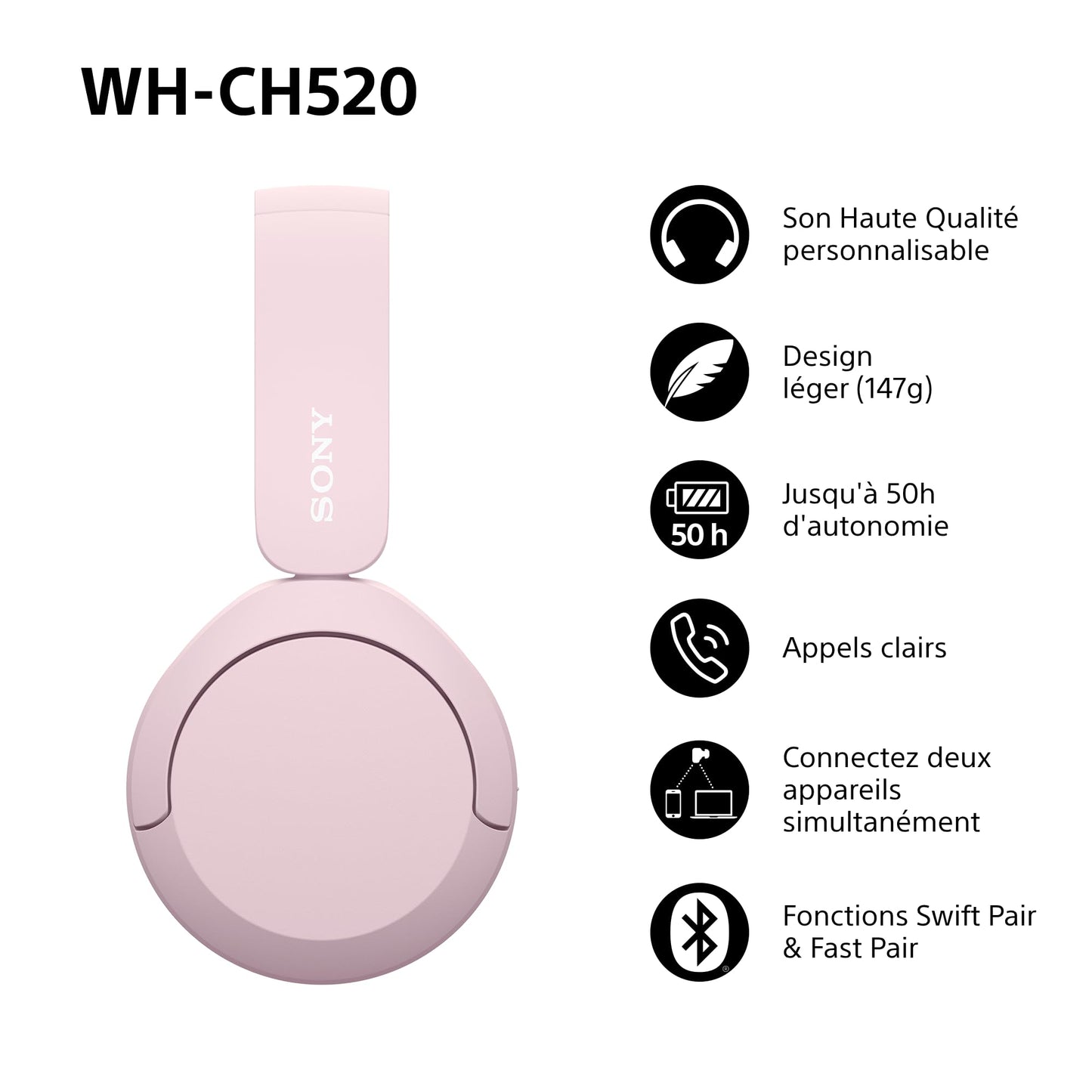 Sony WH-CH520 – Casque Bluetooth Supra-Auriculaire avec Autonomie de 50h et Connexion Multipoint