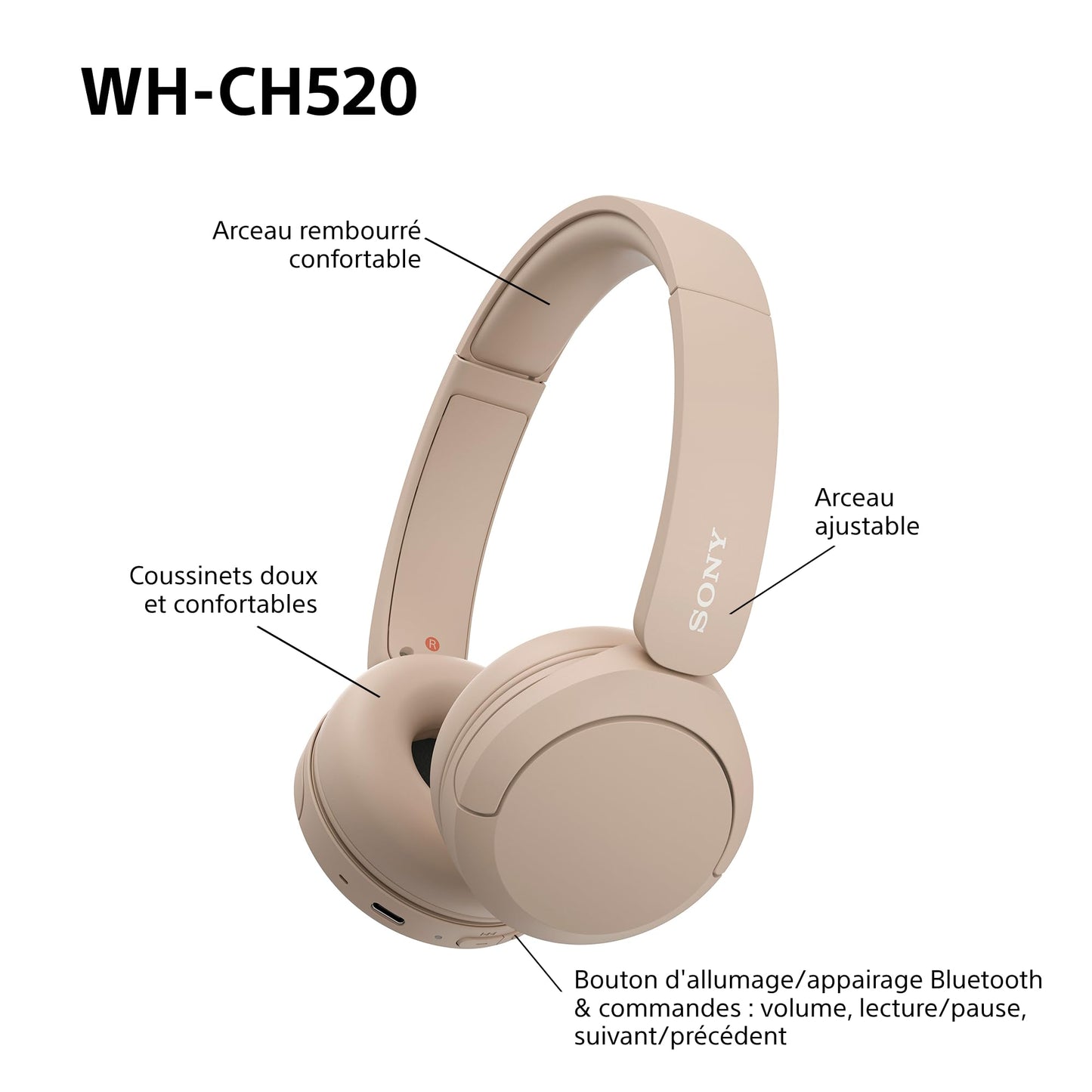 Sony WH-CH520 – Casque Bluetooth Supra-Auriculaire avec Autonomie de 50h et Connexion Multipoint