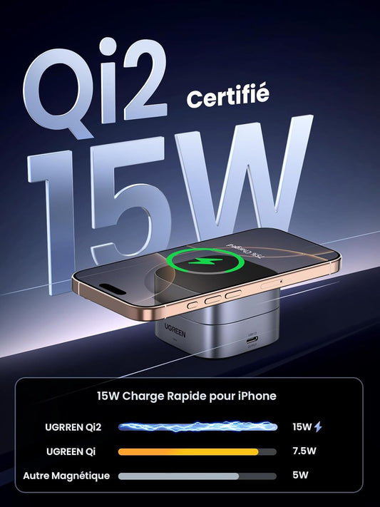 UGREEN MagFlow Qi2 15W Chargeur Induction iPhone 2 en 1 Certifié Compatible avec MagSafe iPhone 16 Plus Pro Max 15 14 13 12 Mini AirPods 4 3 2 Pro Chargeur sans Fil Magnétique Angle Réglable