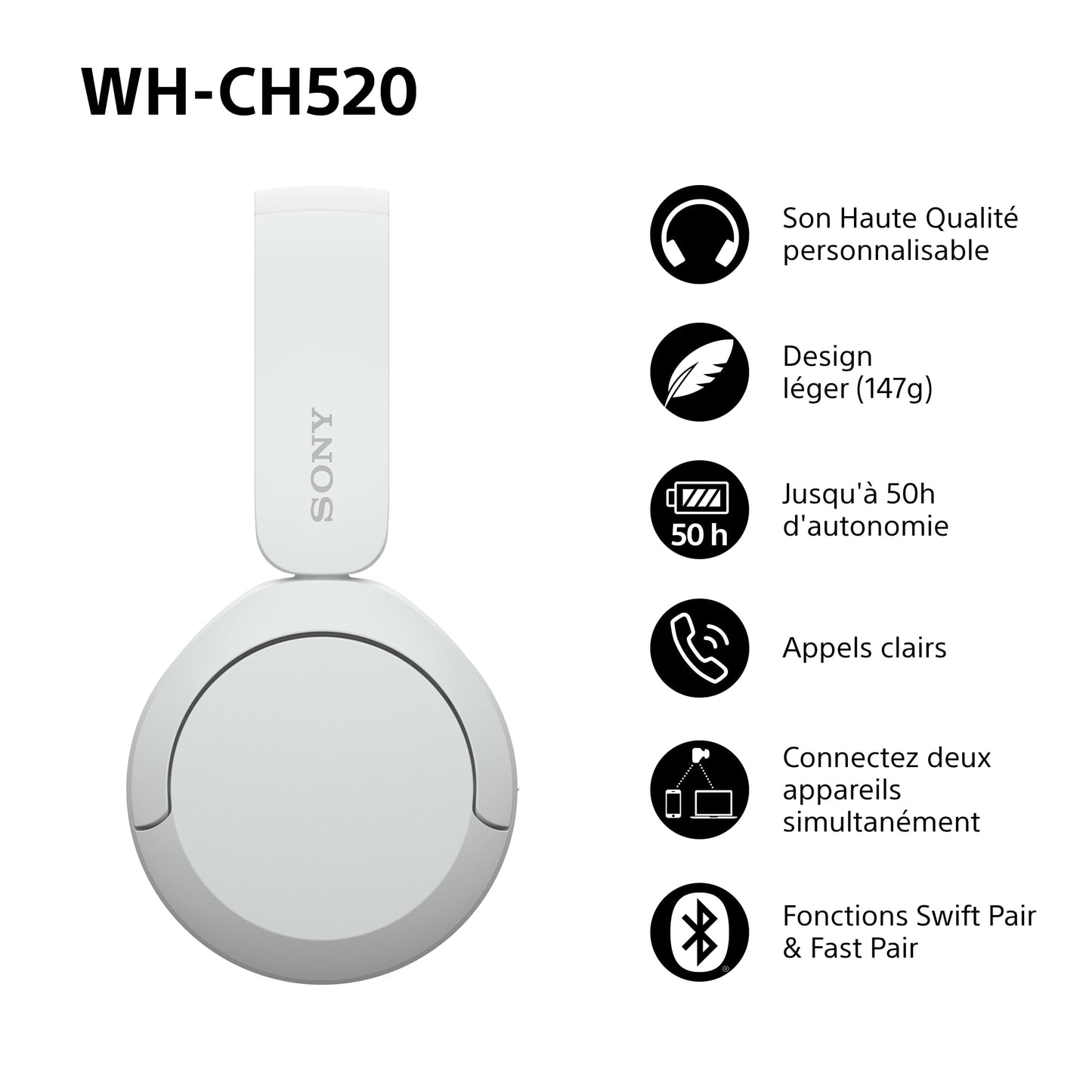 Sony WH-CH520 – Casque Bluetooth Supra-Auriculaire avec Autonomie de 50h et Connexion Multipoint