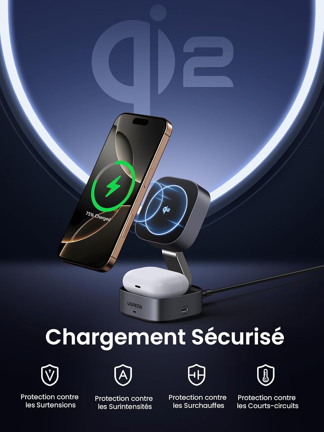 UGREEN MagFlow Qi2 15W Chargeur Induction iPhone 2 en 1 Certifié Compatible avec MagSafe iPhone 16 Plus Pro Max 15 14 13 12 Mini AirPods 4 3 2 Pro Chargeur sans Fil Magnétique Angle Réglable