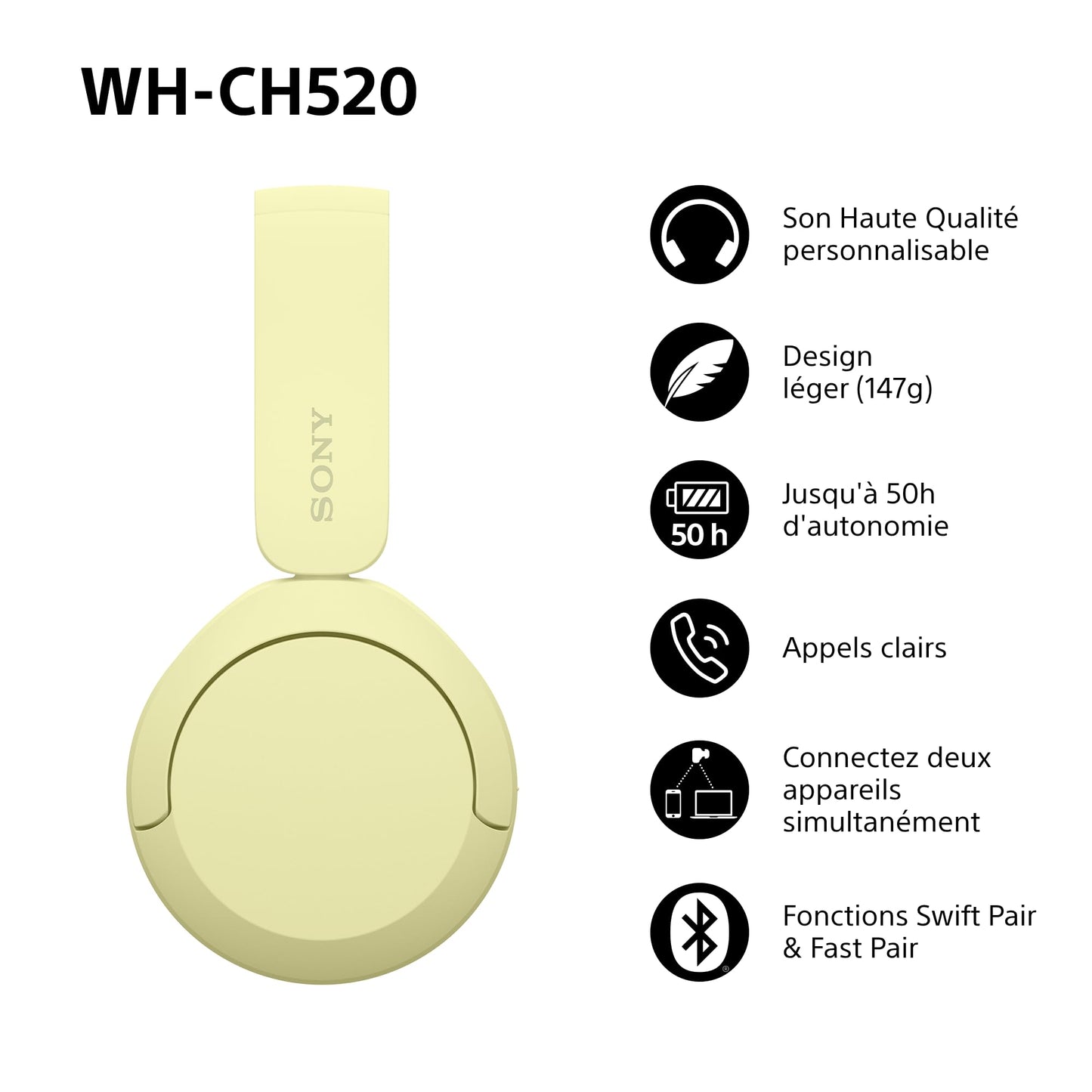 Sony WH-CH520 – Casque Bluetooth Supra-Auriculaire avec Autonomie de 50h et Connexion Multipoint