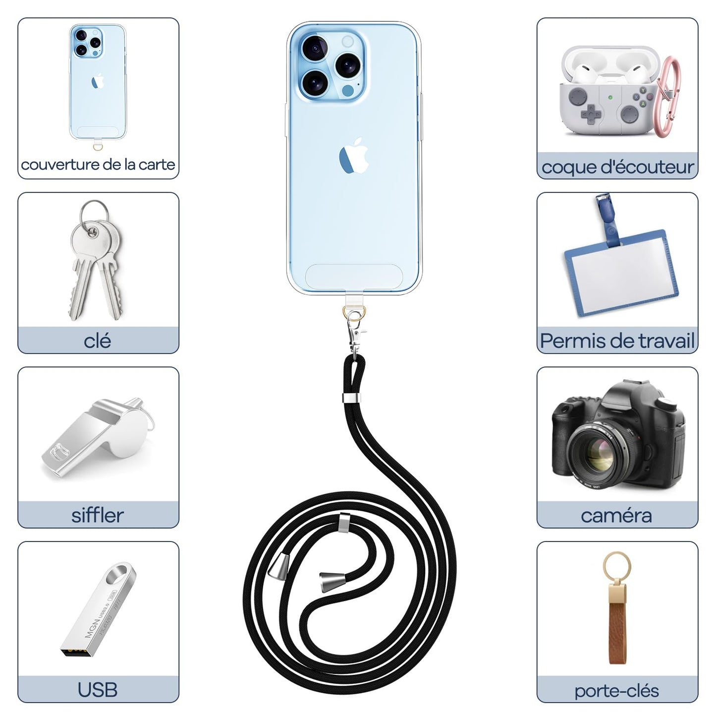 Cordon Téléphone Caslord – Lanière Universelle 1,6 m avec 2 Patchs Durables