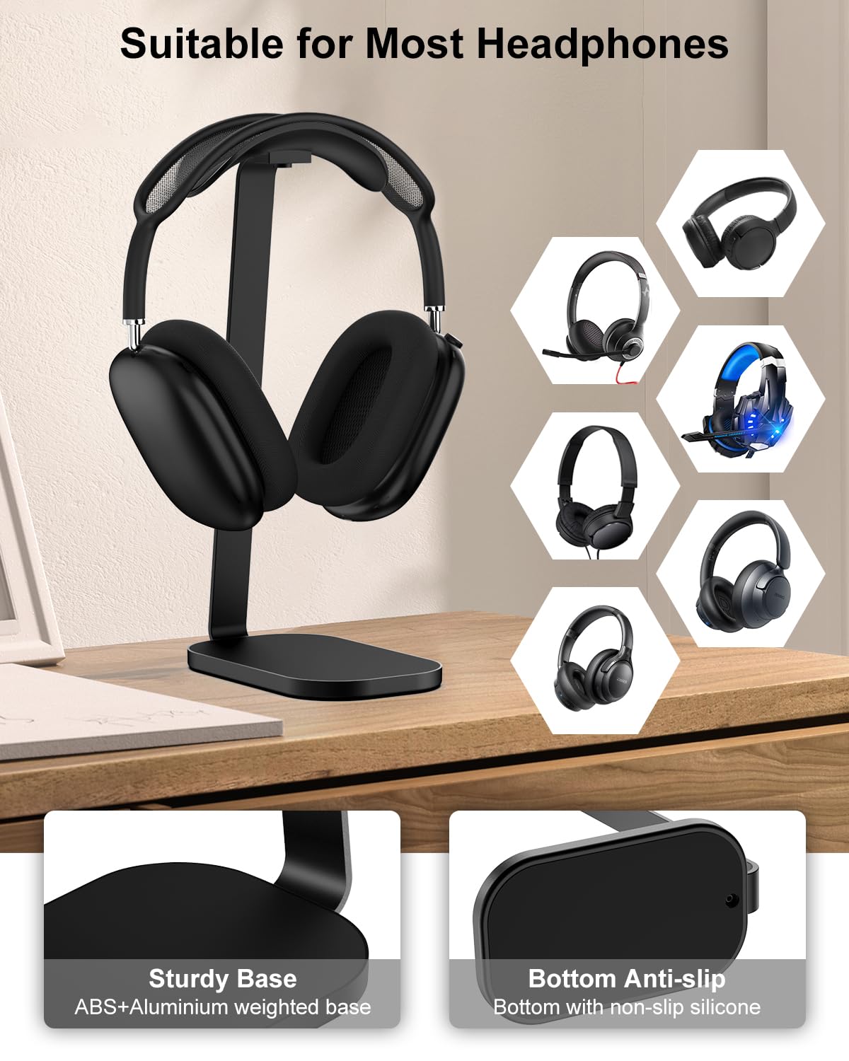 Support de Casque VICHYIE – Aluminium, Base Lestée, Design Incliné, Compatible AirPods Max