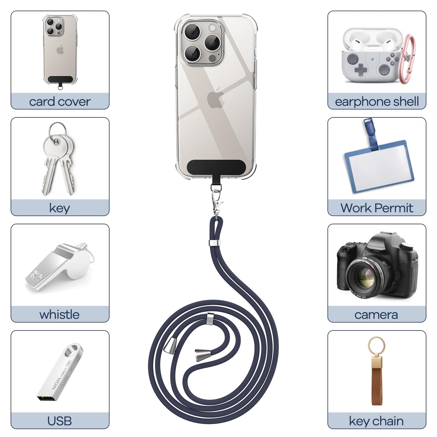 Cordon Téléphone Caslord – Lanière Universelle 1,6 m avec 2 Patchs Durables