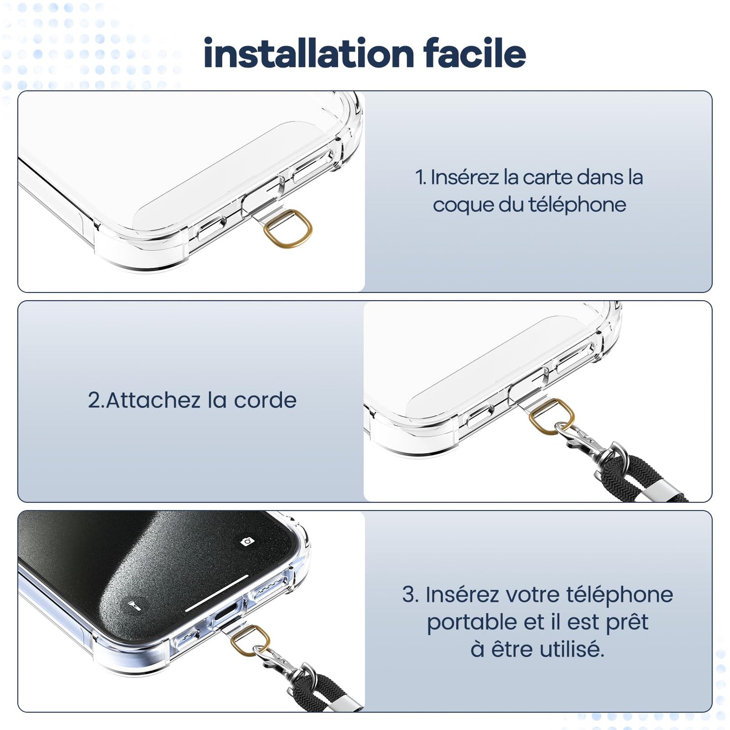 Cordon Téléphone Caslord – Lanière Universelle 1,6 m avec 2 Patchs Durables