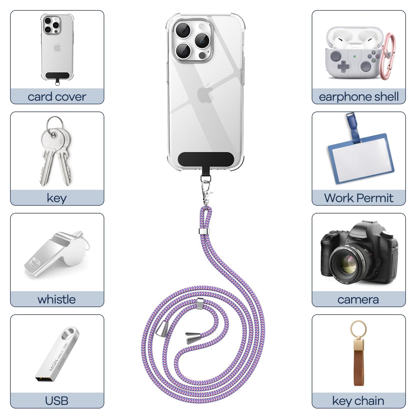 Cordon Téléphone Caslord – Lanière Universelle 1,6 m avec 2 Patchs Durables