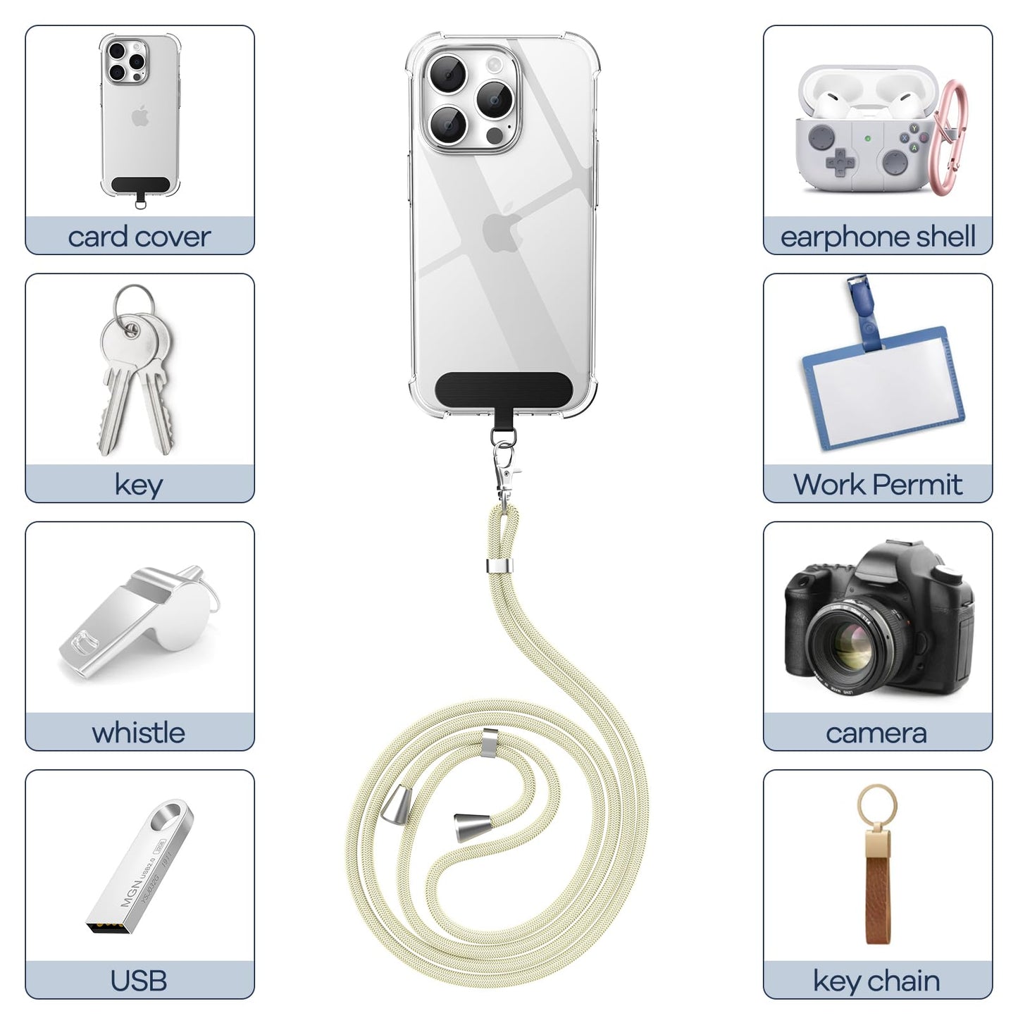Cordon Téléphone Caslord – Lanière Universelle 1,6 m avec 2 Patchs Durables
