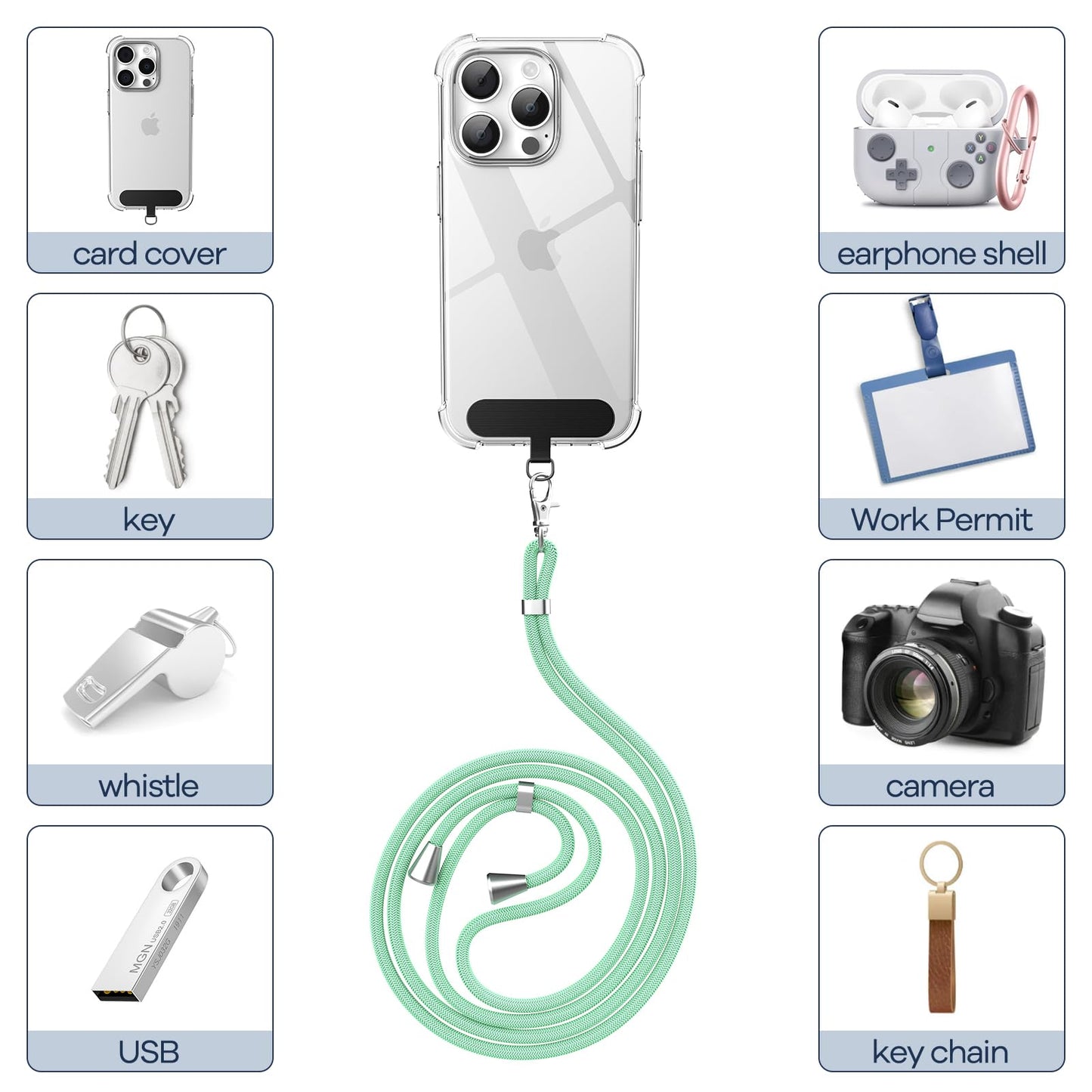 Cordon Téléphone Caslord – Lanière Universelle 1,6 m avec 2 Patchs Durables