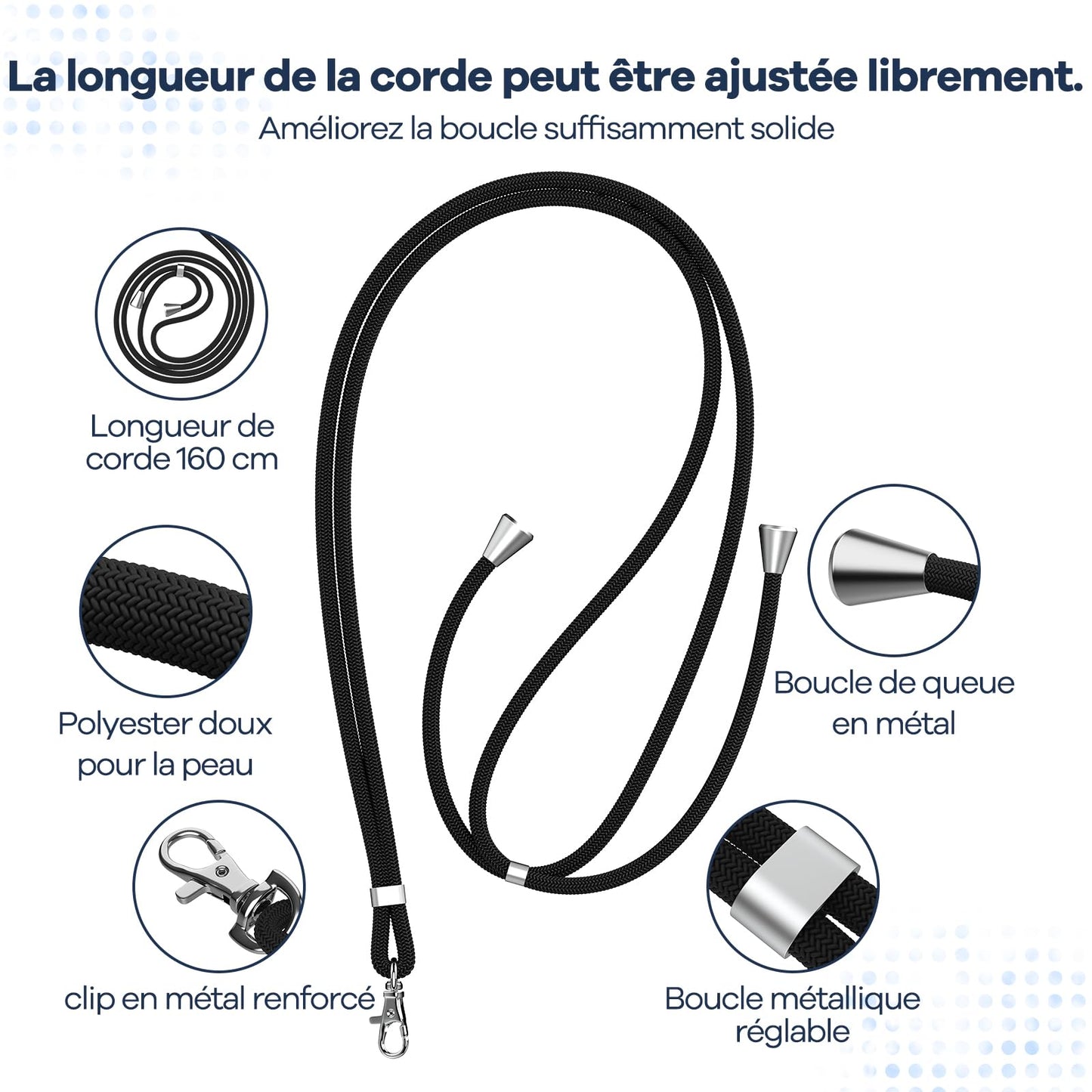 Cordon Téléphone Caslord – Lanière Universelle 1,6 m avec 2 Patchs Durables