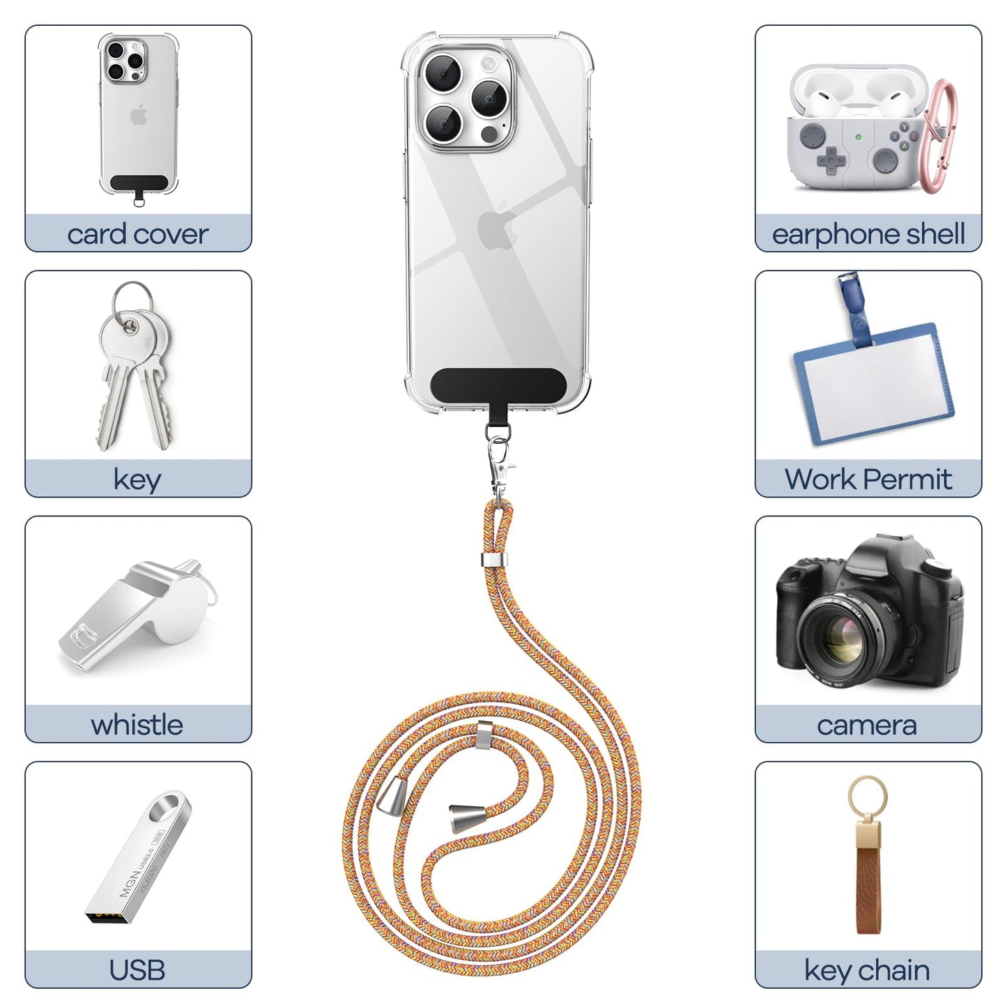 Cordon Téléphone Caslord – Lanière Universelle 1,6 m avec 2 Patchs Durables