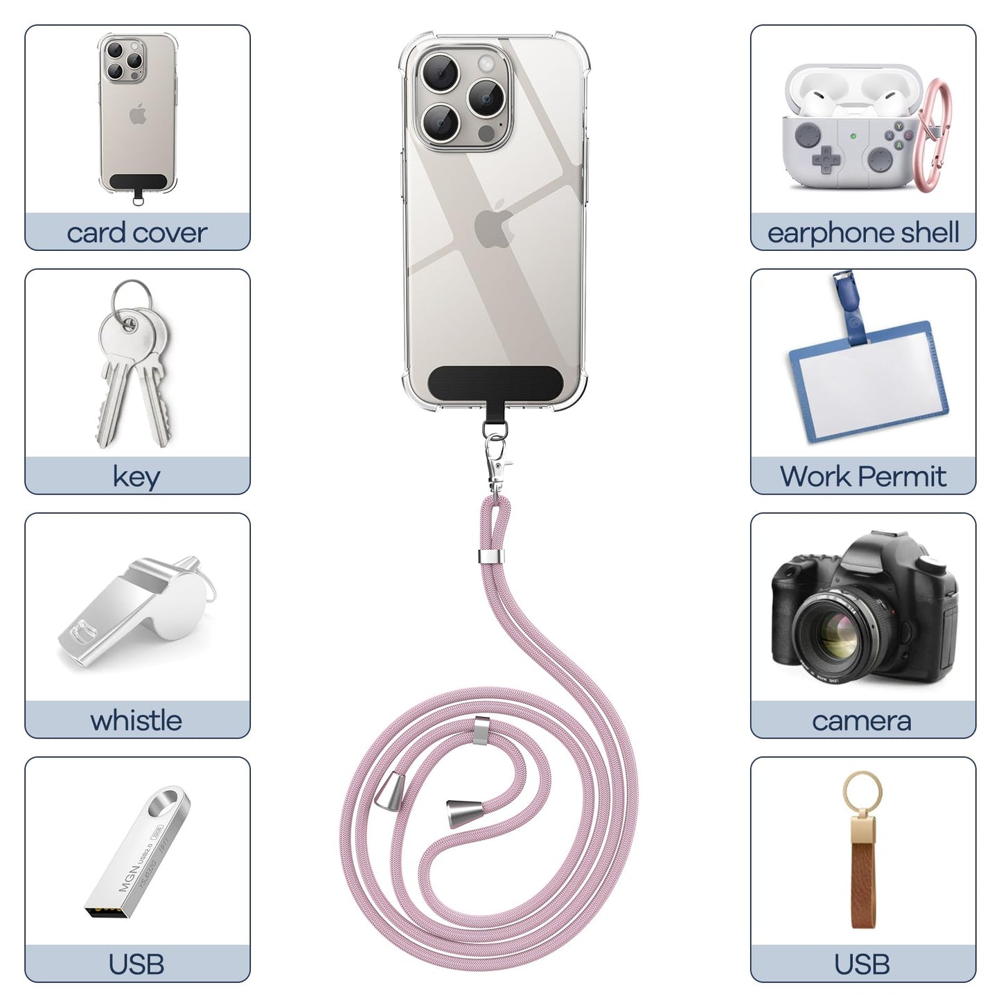 Cordon Téléphone Caslord – Lanière Universelle 1,6 m avec 2 Patchs Durables