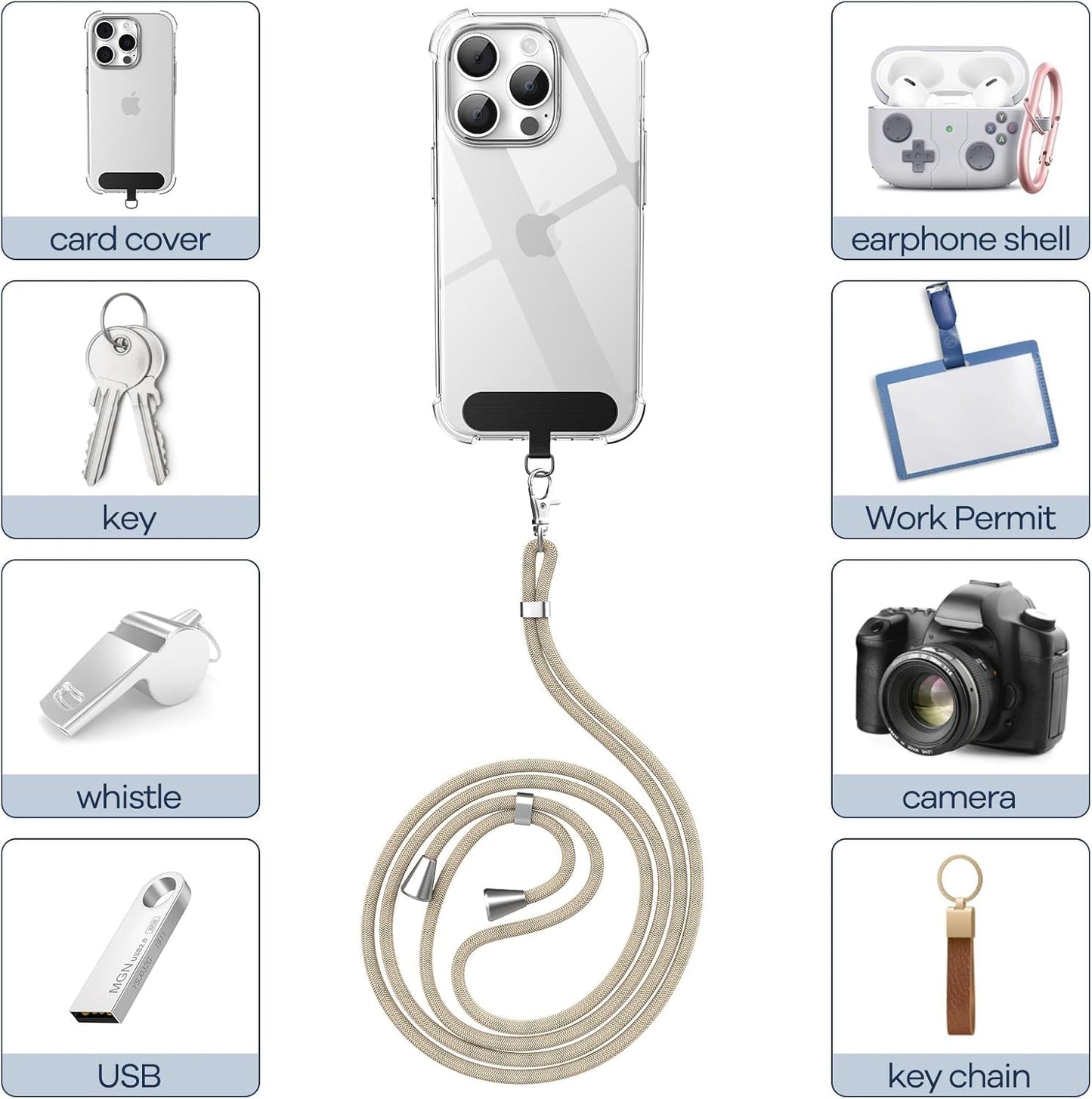 Cordon Téléphone Caslord – Lanière Universelle 1,6 m avec 2 Patchs Durables