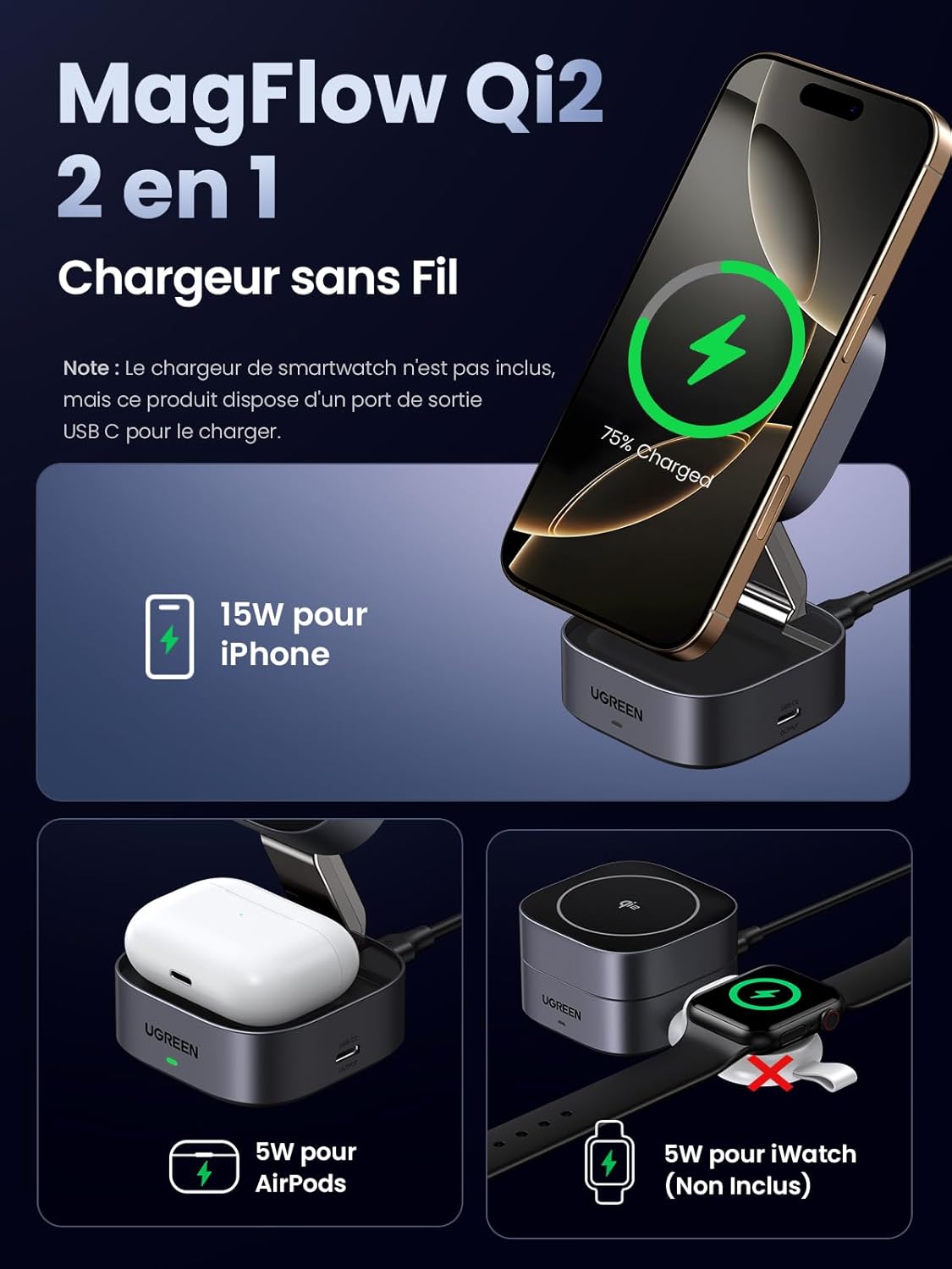 UGREEN MagFlow Qi2 15W Chargeur Induction iPhone 2 en 1 Certifié Compatible avec MagSafe iPhone 16 Plus Pro Max 15 14 13 12 Mini AirPods 4 3 2 Pro Chargeur sans Fil Magnétique Angle Réglable