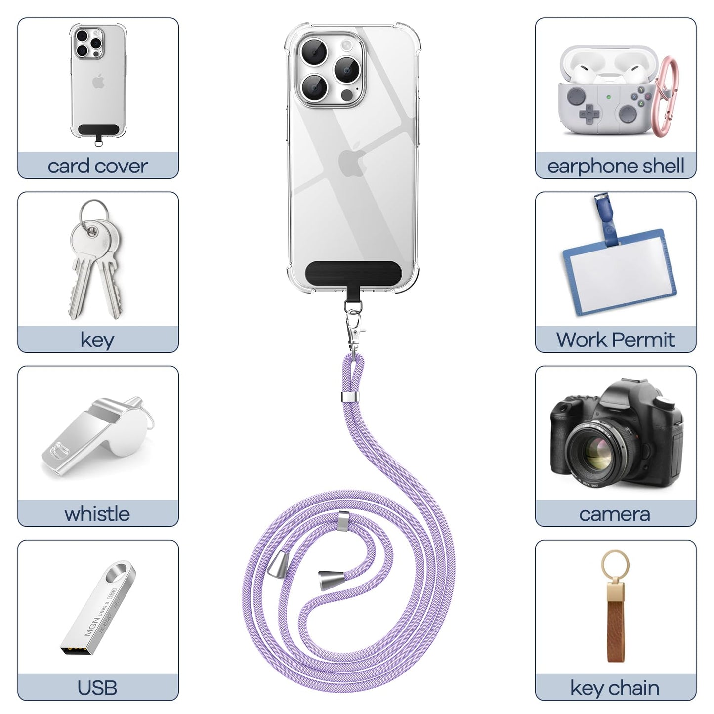 Cordon Téléphone Caslord – Lanière Universelle 1,6 m avec 2 Patchs Durables