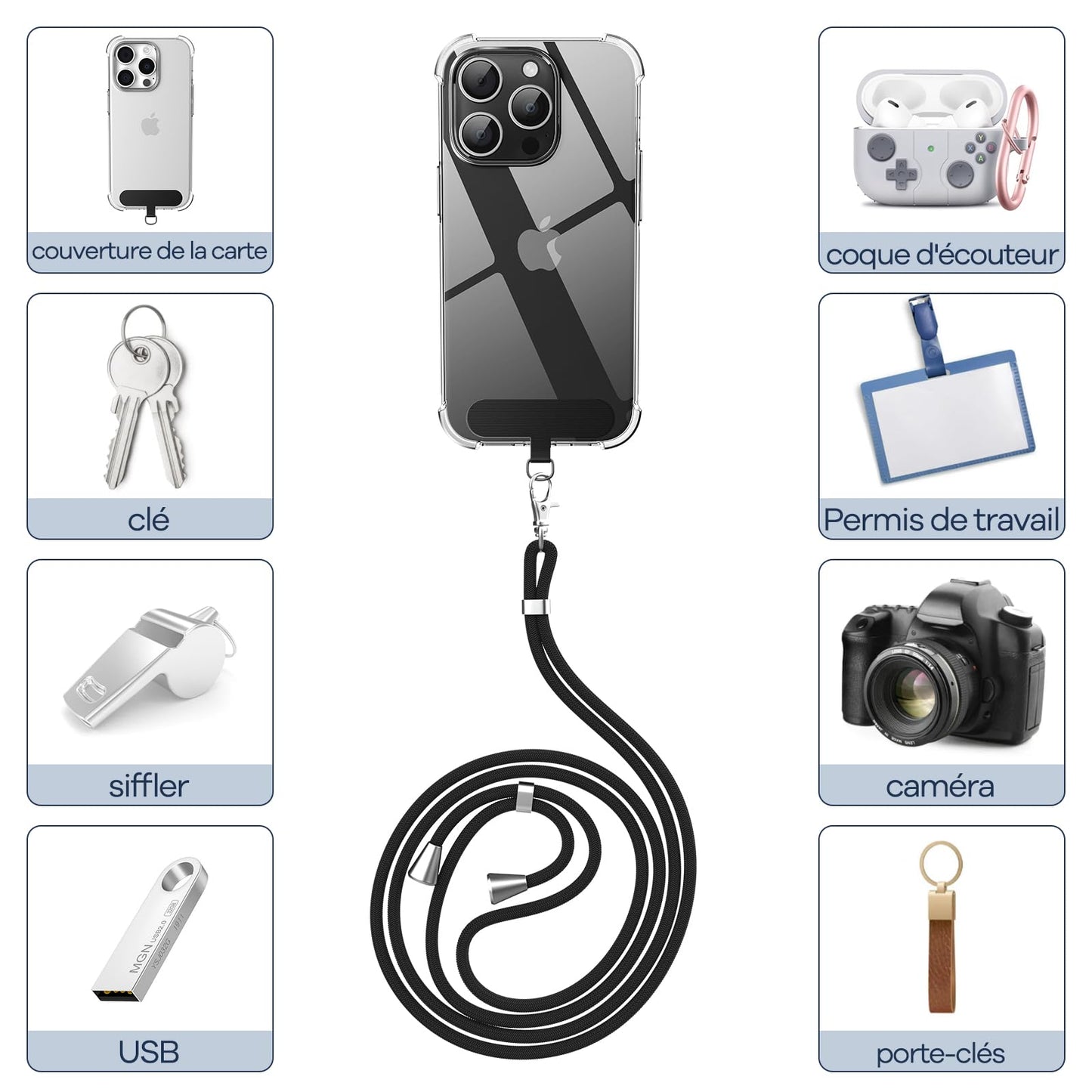 Cordon Téléphone Caslord – Lanière Universelle 1,6 m avec 2 Patchs Durables