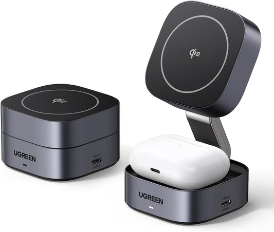 UGREEN MagFlow Qi2 15W Chargeur Induction iPhone 2 en 1 Certifié Compatible avec MagSafe iPhone 16 Plus Pro Max 15 14 13 12 Mini AirPods 4 3 2 Pro Chargeur sans Fil Magnétique Angle Réglable