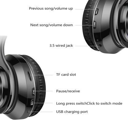 Casque Bluetooth Over-Ear Pliable – Hi-Fi Stéréo avec Microphone, FM, Carte SD et Mode Filaire