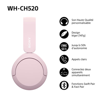 Sony WH-CH520 – Casque Bluetooth Supra-Auriculaire avec Autonomie de 50h et Connexion Multipoint
