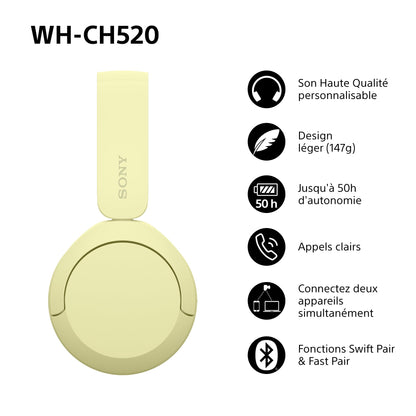 Sony WH-CH520 – Casque Bluetooth Supra-Auriculaire avec Autonomie de 50h et Connexion Multipoint