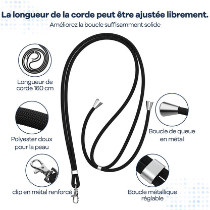 Cordon Téléphone Caslord – Lanière Universelle 1,6 m avec 2 Patchs Durables