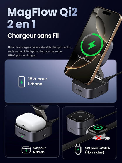 UGREEN MagFlow Qi2 15W Chargeur Induction iPhone 2 en 1 Certifié Compatible avec MagSafe iPhone 16 Plus Pro Max 15 14 13 12 Mini AirPods 4 3 2 Pro Chargeur sans Fil Magnétique Angle Réglable
